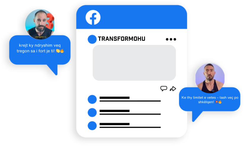 Mockup i ilustrimit të Transformohu që tregon mbikëqyrje dhe komunikim të personalizuar për klientët pas blerjes së programeve tona.